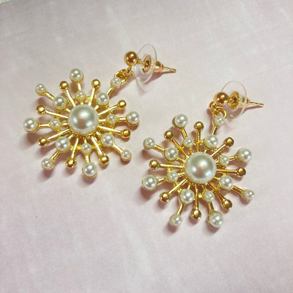 Gold Plated Simulated Pearl Earrings - Picture 3 of 4